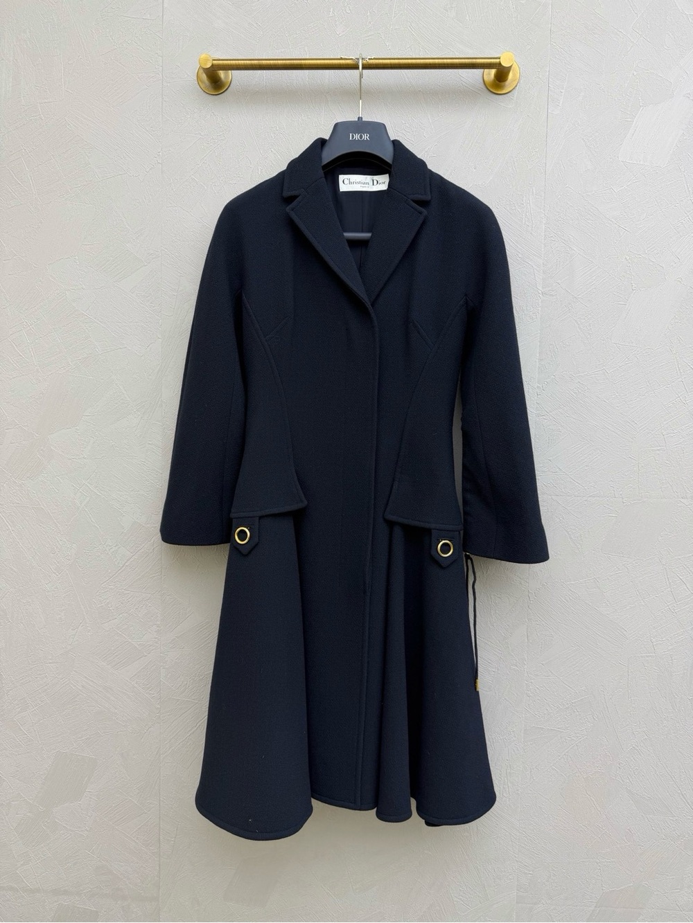 🚩steal Dior Navy Fit-and-Flare Wool Trench Coat with Gold Grommet Detail